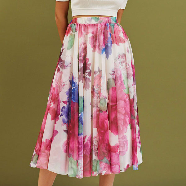 Ladies' Mesh Micro-elastic Floral Print Skirt