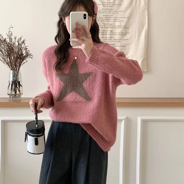 Retro Style Fashionable Simple Style Five-pointed Star Graffiti Round Neck Long Sleeve Sweater