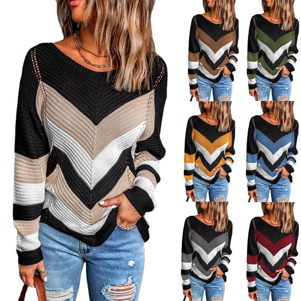 Women's Autumn Sweater Color Block Long Sleeves