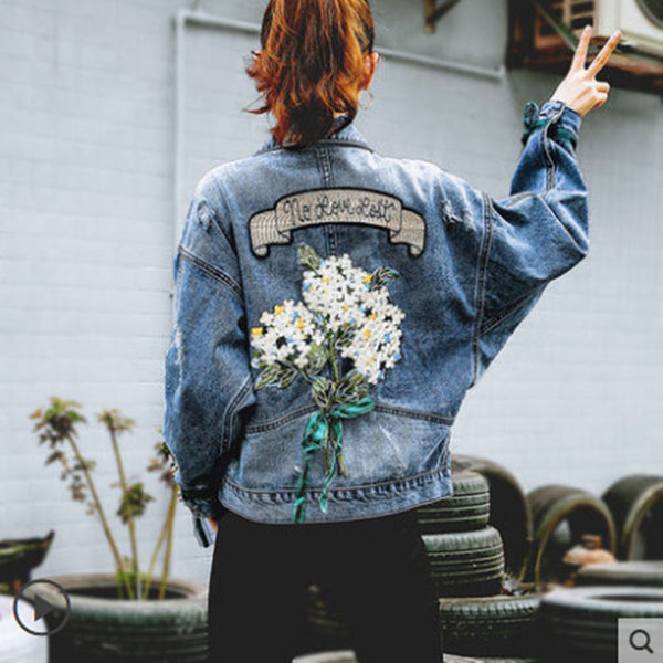 Flowers Women's Embroidered Short Denim Jacket