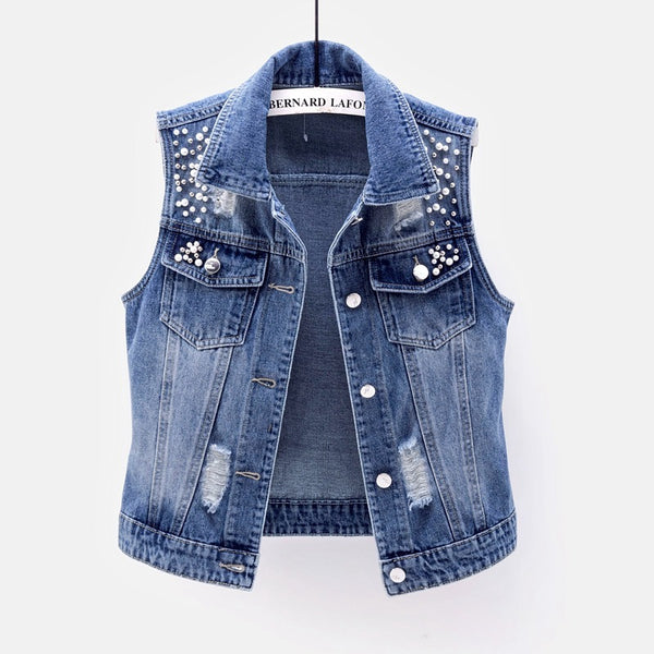 Denim Vest Women's Short Hole Beaded Sleeveless