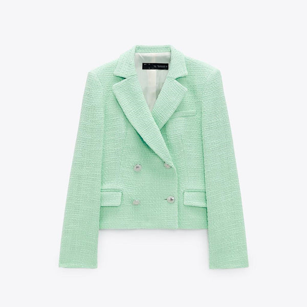 New Texture Double-breasted Short Green Suit Jacket Women