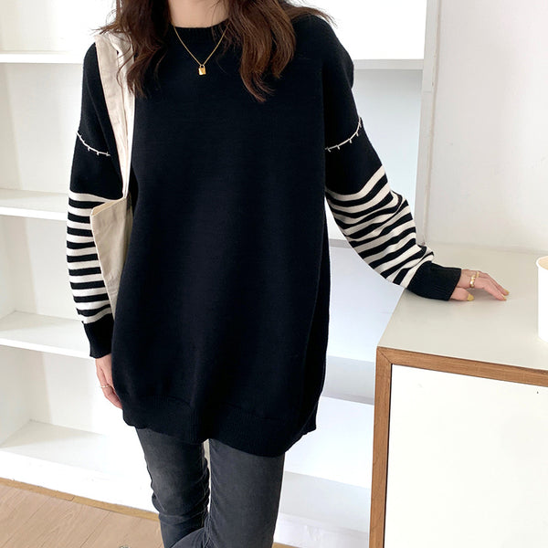 Women's Black And White Striped Colorblock Sweater Loose Vintage Round Collar