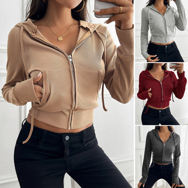 Women's Elegant Slim-fit Short Zipper Cardigan Hooded Coat