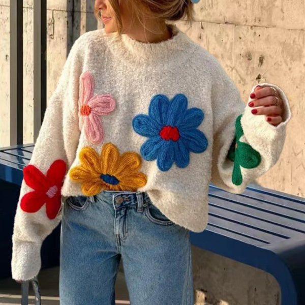 Color Little Flower Women's Machine Embroidery Pullover Sweater