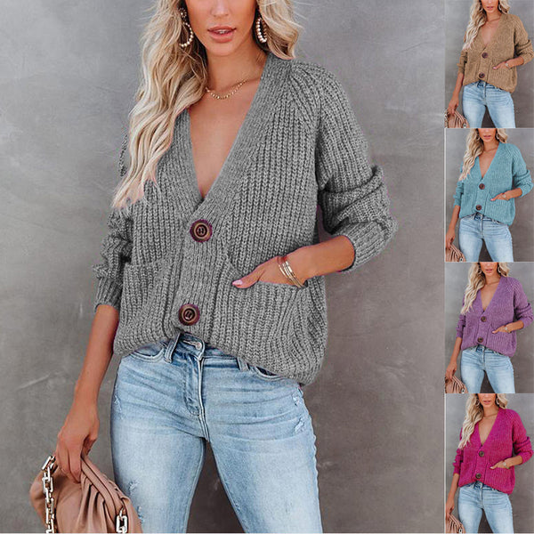 Solid V-Neck Cardigan Single Breasted Long Sleeve Sweater Jacket