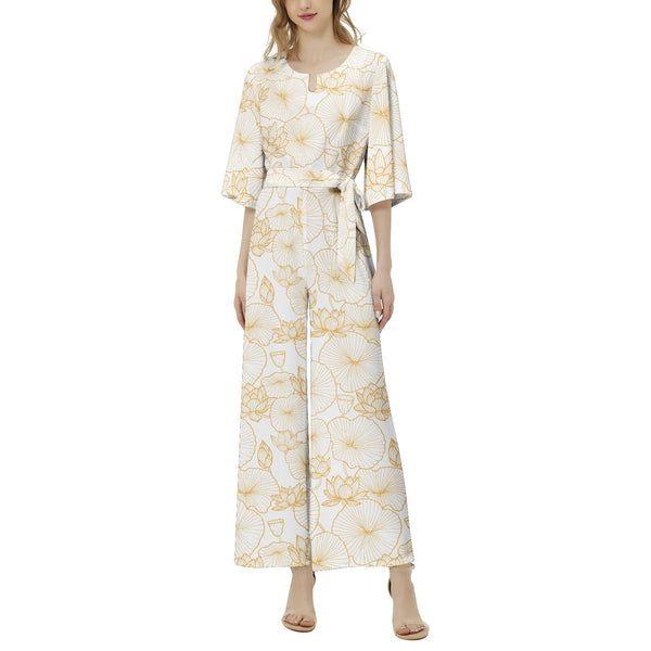 [Floral Bloom] Auric Flora Dolman Sleeve Belted Wide Leg Jumpsuit