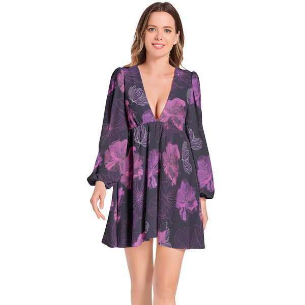 [Floral Bloom] Violet Dreams Lantern Sleeve Deep V-Neck Short Dress