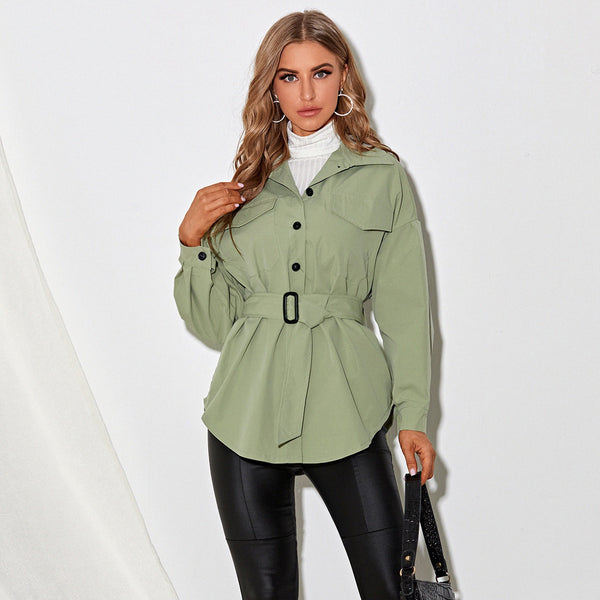 Casual With Belt Fashion Macaron Solid Color Shirt Jacket Women