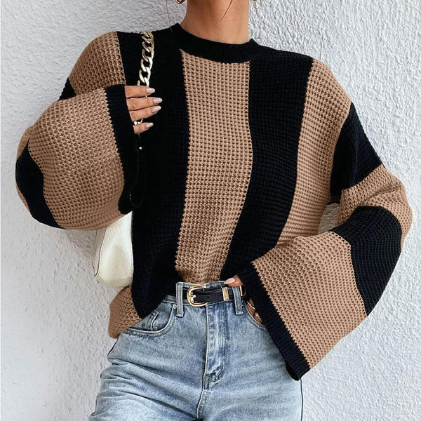 Women's Round Neck Striped Design Niche Knitted Sweater Top