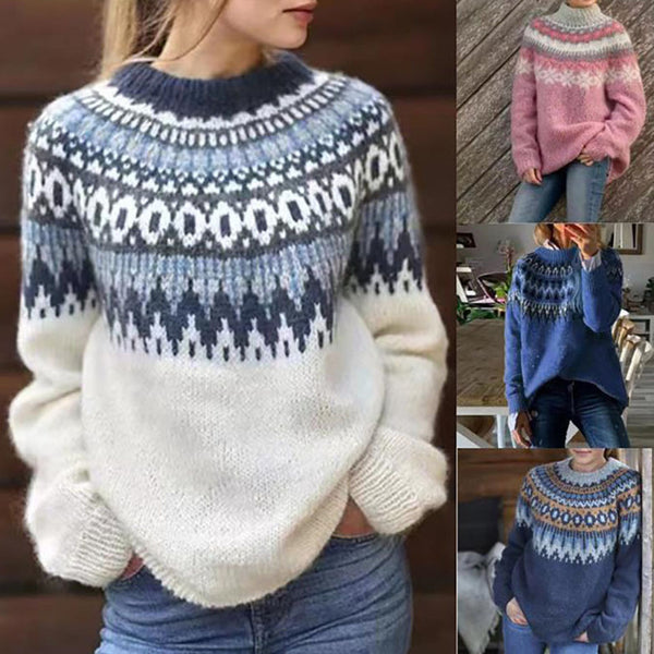 Women's Round Neck Pullover Jacquard Vintage Print Sweater