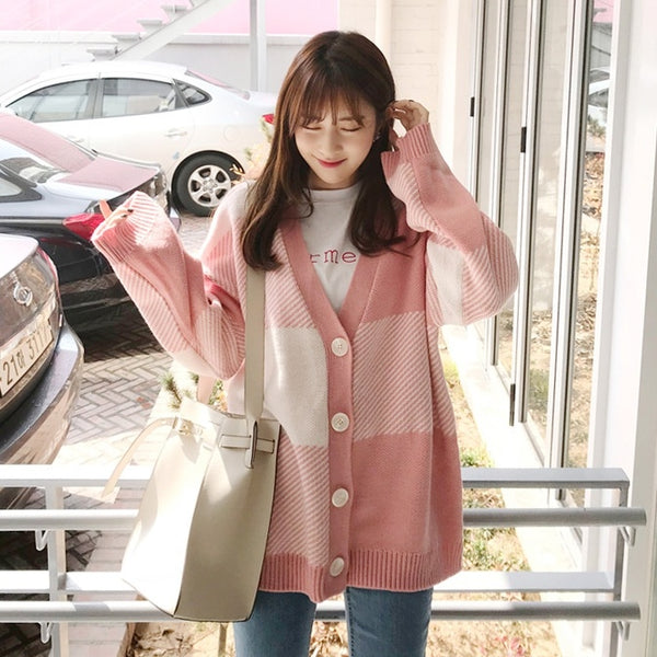 Check loose cardigan sweater