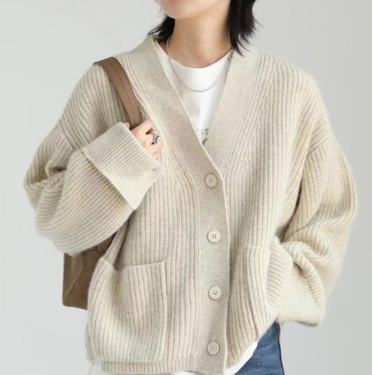 Korean Style Solid Color And V-neck Pocket Knitted Cardigan Sweet Cuff Sweater Coat