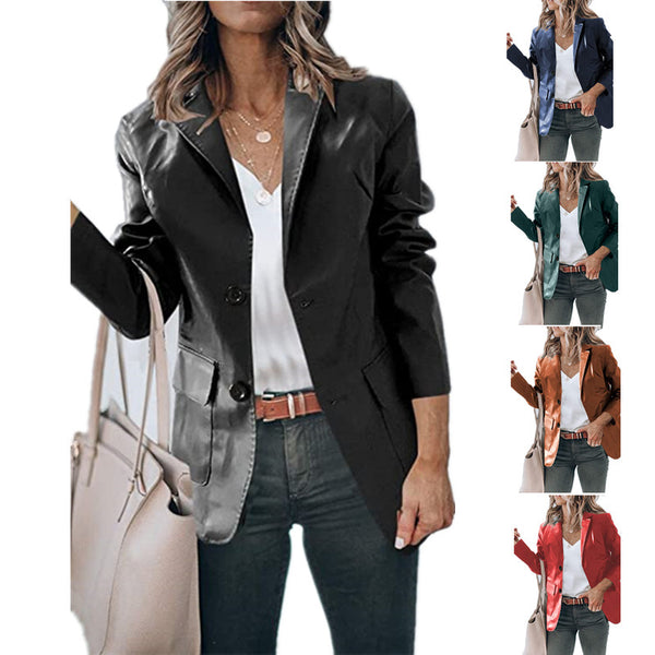 Elegant Slim-fit Lapel Single Breasted Solid Color PU Leather Long-sleeved Blazer