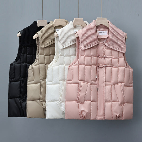 Stand Collar National Style Buckle Knitted Lapel Sleeveless Cotton-padded Jacket Vest