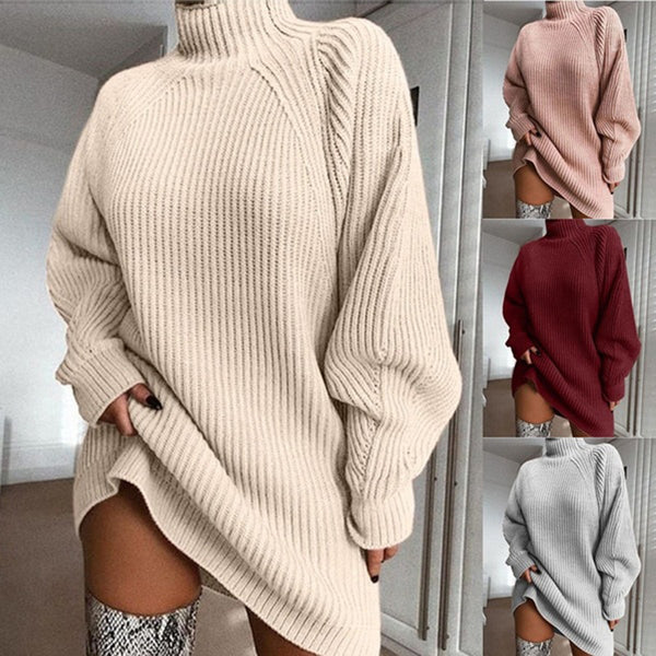 Mid-length raglan sleeve half turtleneck sweater dress