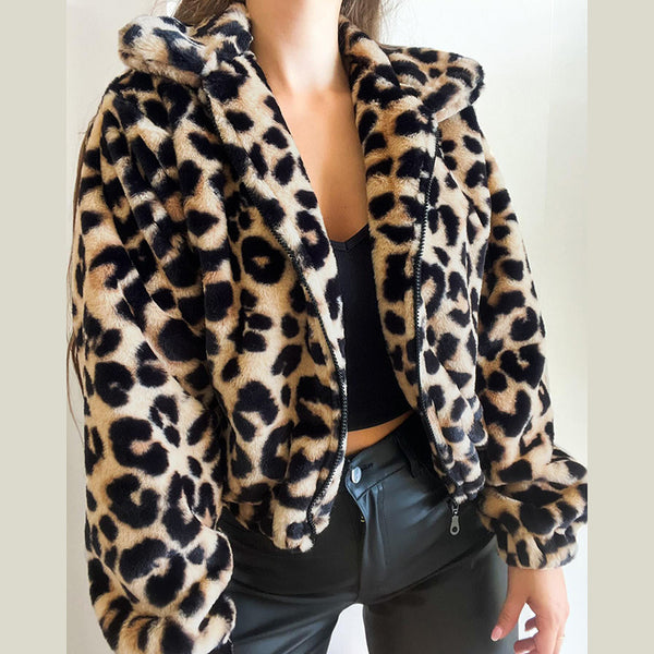 Loose Leopard Print Short Plush Coat For Women