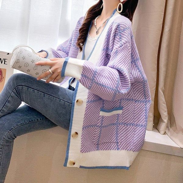 Contrast Check Pattern Knitted Cardigan Women's Sweater Coat