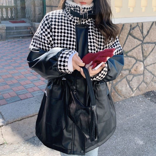 Fleece-lined Thick Loose Stitching Chessboard Plaid PU Leather Cotton-padded Jacket