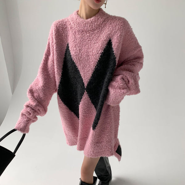 Women's Loose Outer Wear Color-blocking Diamond Pattern Wool Sweater