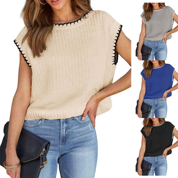 Round Neck Sweater Vest Casual Hat Sleeve Knitted Lightweight Pullover Short Sleeve