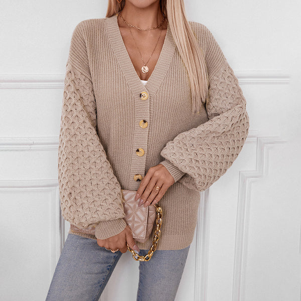 Women's V-neck Sweater Single-breasted Lantern Sleeve