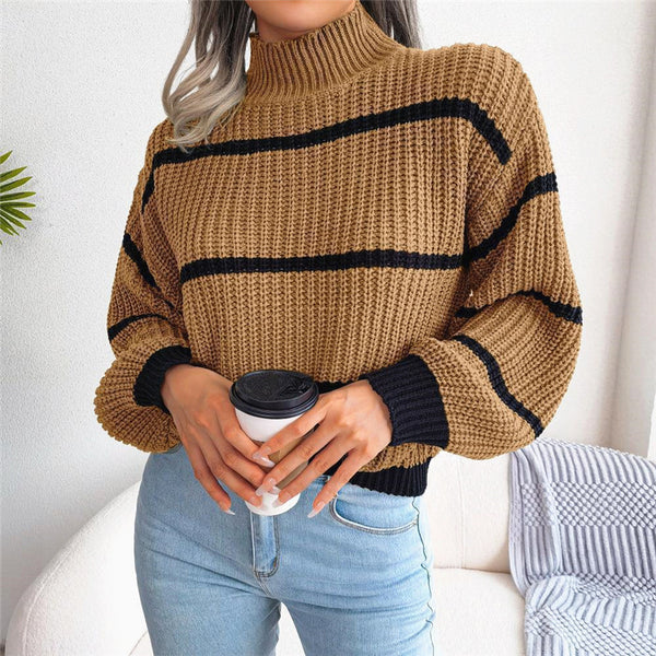 Knitted Sweater Half Turtleneck Pullover Sweater Women's Outer Wear Amazon Striped Contrast Color Fashion