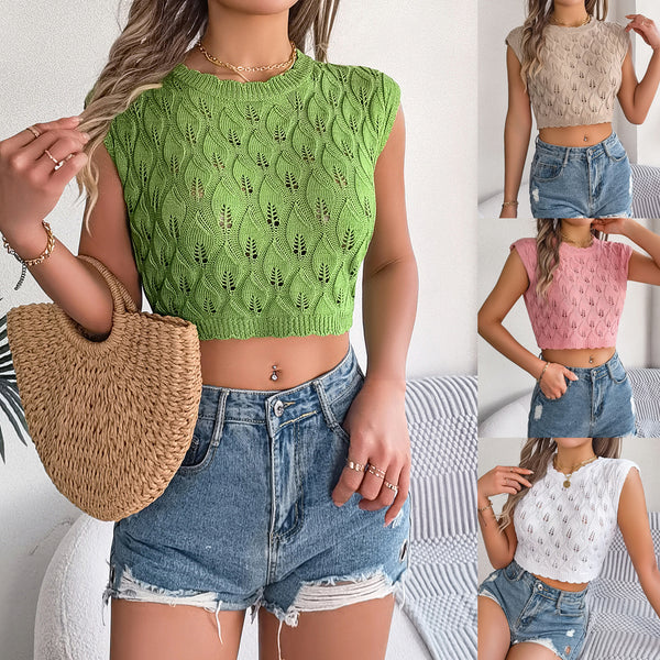 Hollow Leaves Midriff-baring Knitted Sweater Vacation Top