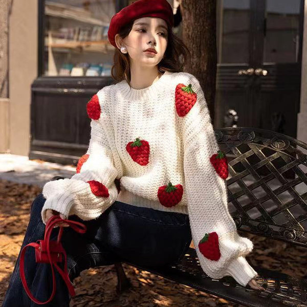 Women's Loose Strawberry Crocheted Knitted Pullover Sweater Top