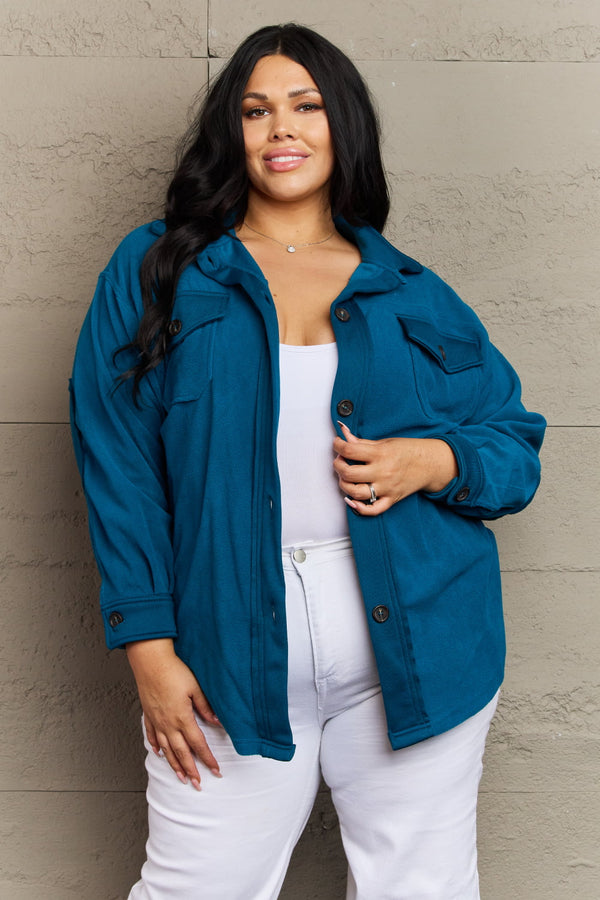 Zenana Cozy in the Cabin Full Size Fleece Elbow Patch Jacket in Teal