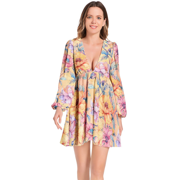 [Floral Bloom] Sunny Meadow Lantern Sleeve Deep V-Neck Short Dress