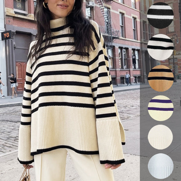 Ladies Turtleneck Knit Striped Slit Sweater Top