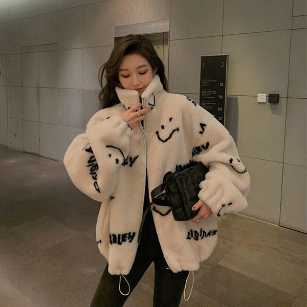 Thickened Sheep Shearing Letters Loose Fashion Plush Jacket Women