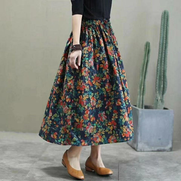 Floral SpringSummer New Mid-length High Waist Slimming A- Line Retro Elastic Midi Skirt