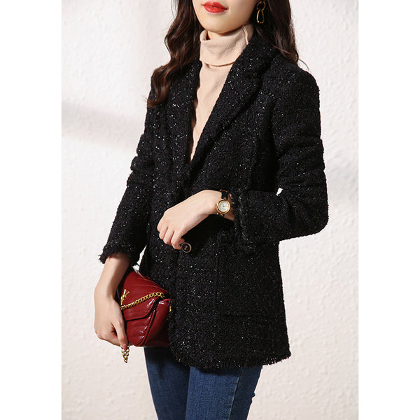 Short Tweed Black Wool Small Fragrant Coat