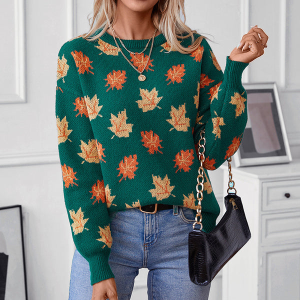 Sweater Female Maple Leaf Pattern Jacquard Leisure Pullover