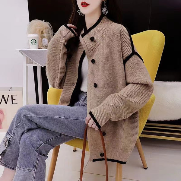 Fashion Colorblock Stand Collar Fashionable Sweater Women