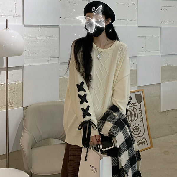 New Autumn And Winter Cream Bandage Sweater Women's Loose