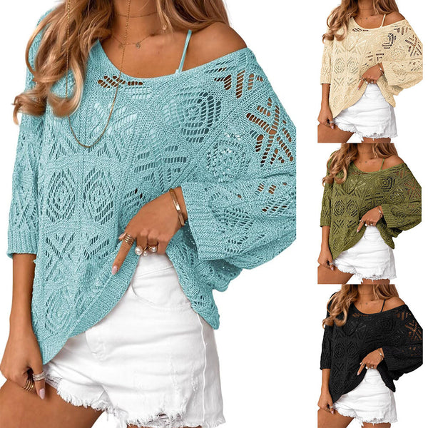 European And American Spring And Summer Crochet Hollow-out Three-quarter Sleeve Pullover Sweater Off-the-shoulder T-shirt