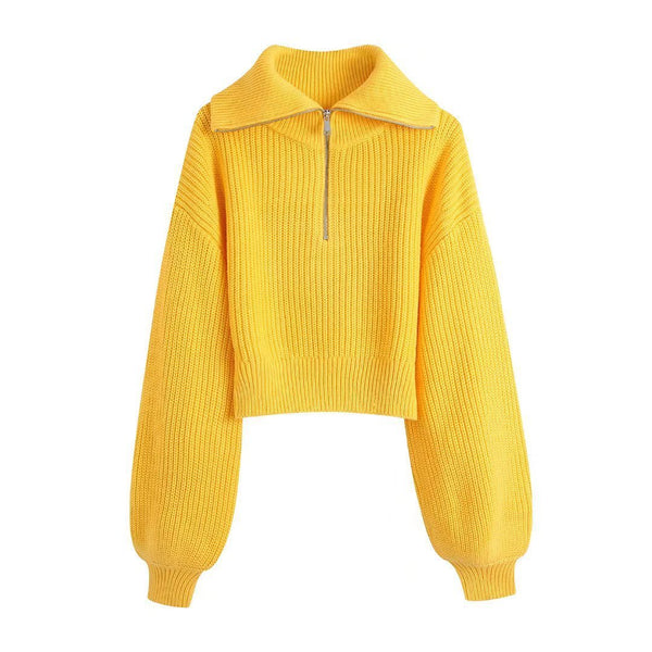 Short Yellow Half Zip Turtleneck Pullover Retro Pillow Long Sleeve Sweater Knit